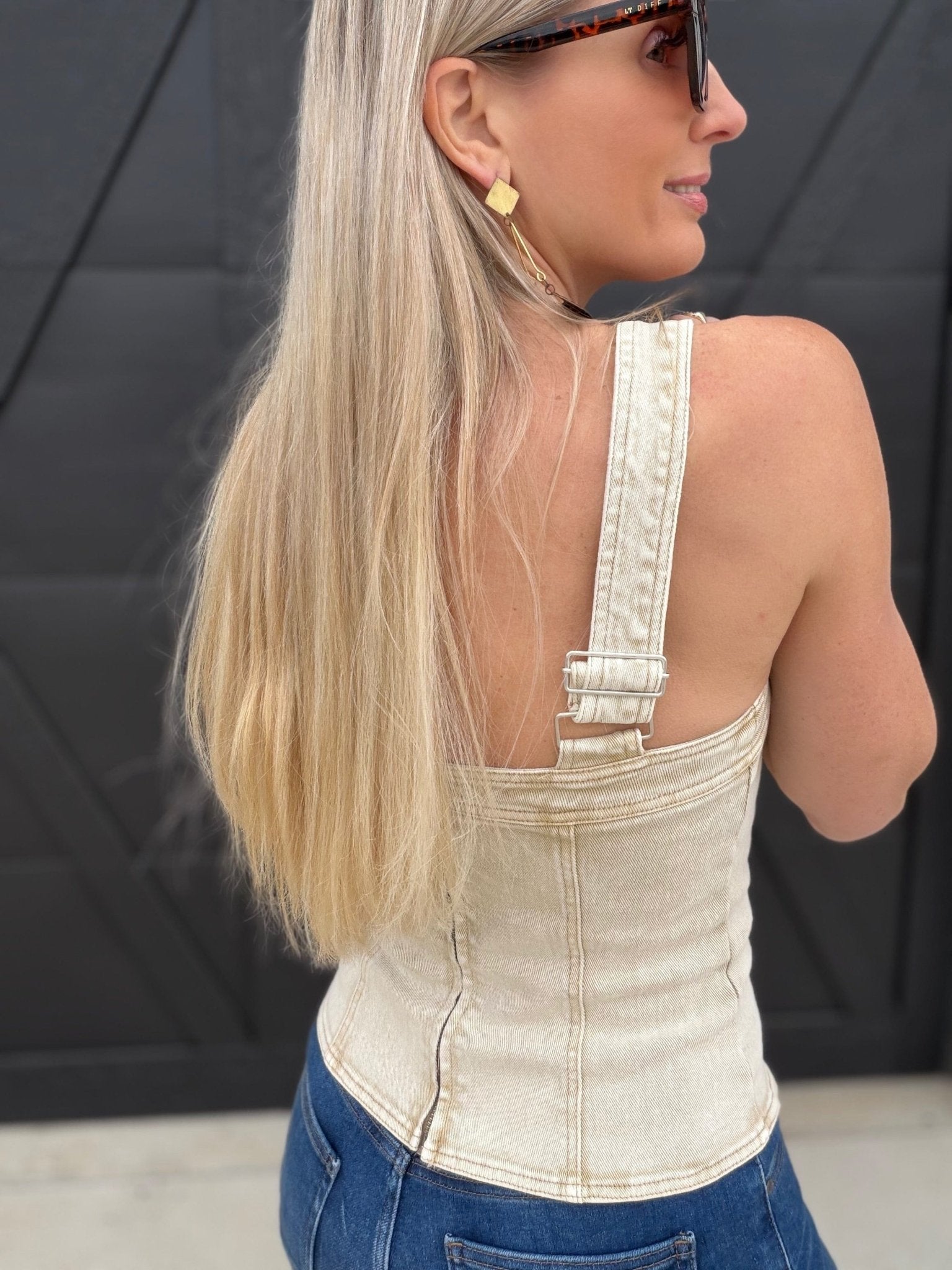 Western Buckle Strap Embroidered Denim Top In Sand - Infinity Raine