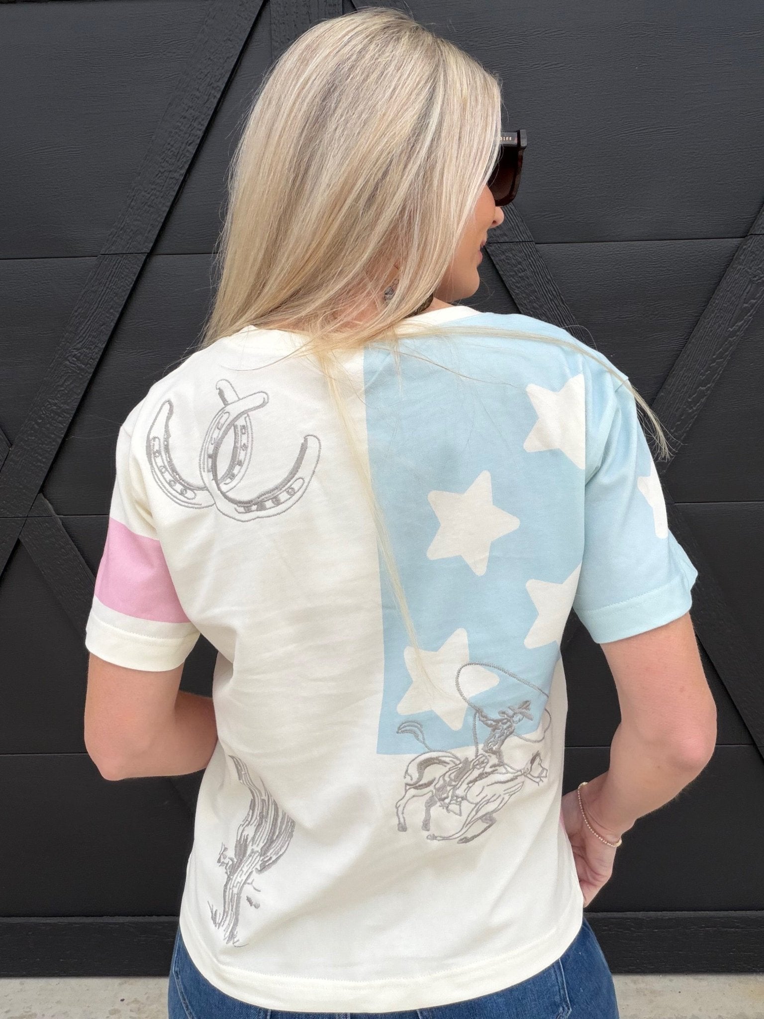 Western Flag Embroidery Crewneck In White - Infinity Raine