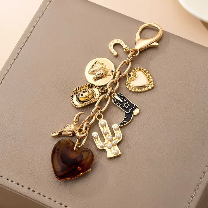 Western Heart Cross Hat Boot Heart Bag Charm In Gold - Infinity Raine