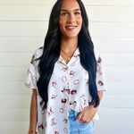 Western-Inspired Collared Button Front Shirt Top In Cream/Brown - Infinity Raine