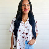 Western-Inspired Collared Button Front Shirt Top In Cream/Brown - Infinity Raine