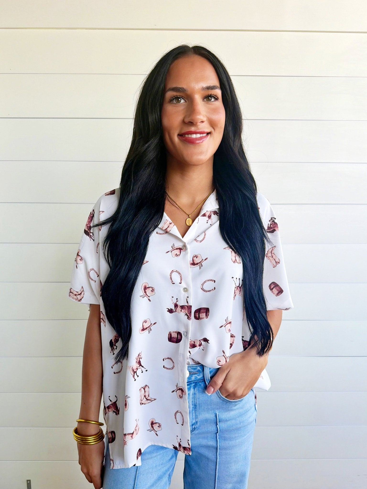 Western-Inspired Collared Button Front Shirt Top In Cream/Brown - Infinity Raine