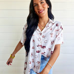 Western-Inspired Collared Button Front Shirt Top In Cream/Brown - Infinity Raine