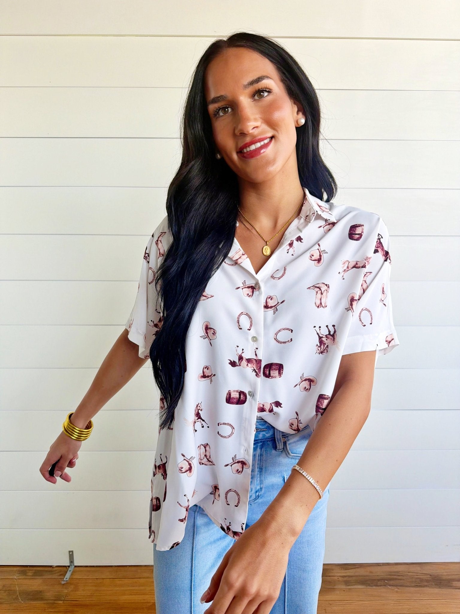 Western-Inspired Collared Button Front Shirt Top In Cream/Brown - Infinity Raine