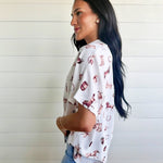 Western-Inspired Collared Button Front Shirt Top In Cream/Brown - Infinity Raine