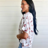 Western-Inspired Collared Button Front Shirt Top In Cream/Brown - Infinity Raine