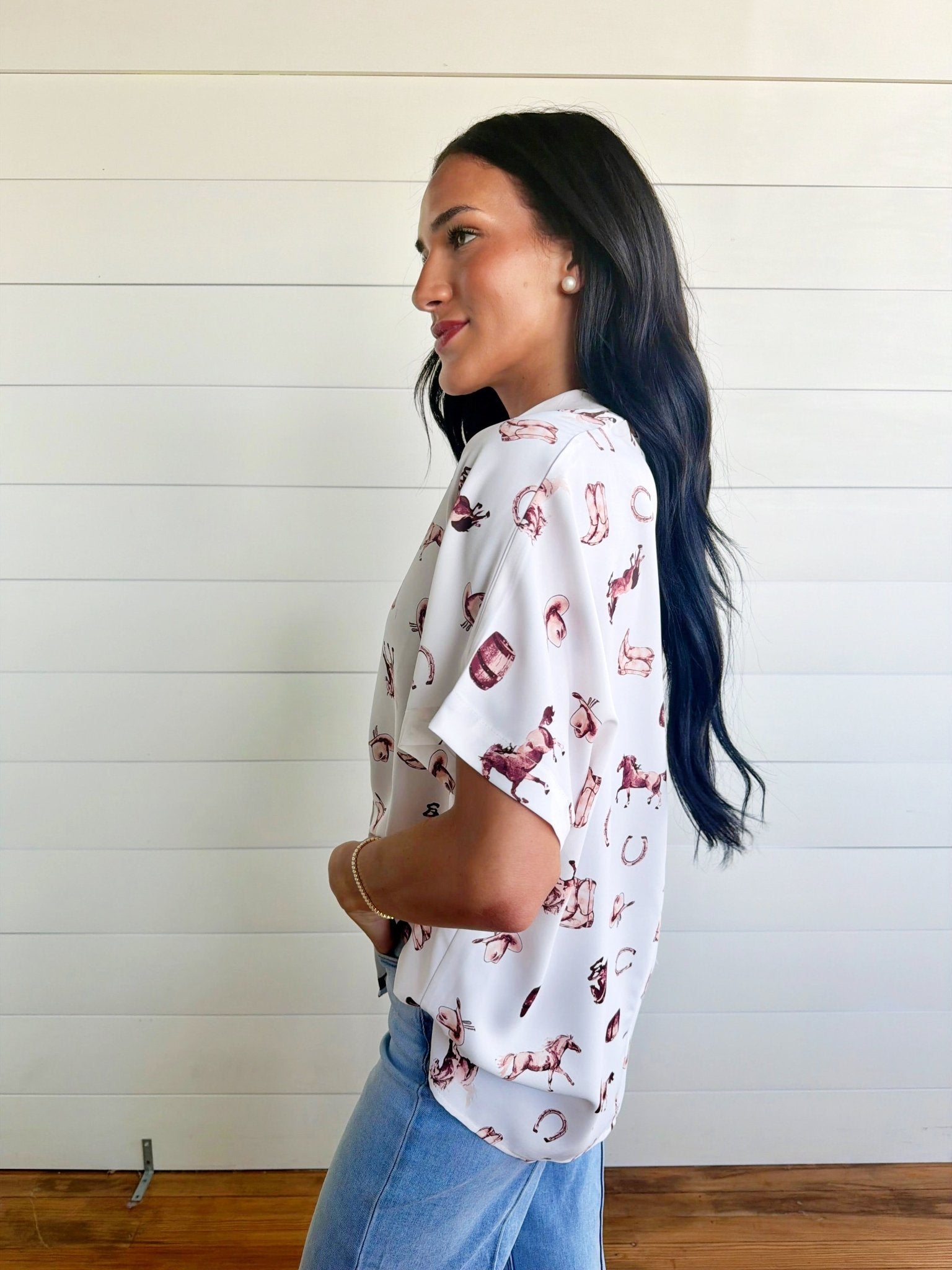 Western-Inspired Collared Button Front Shirt Top In Cream/Brown - Infinity Raine