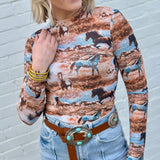 Western Mesh Mock Neck Top In Brown Multi - Infinity Raine