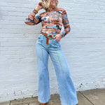 Western Mesh Mock Neck Top In Brown Multi - Infinity Raine