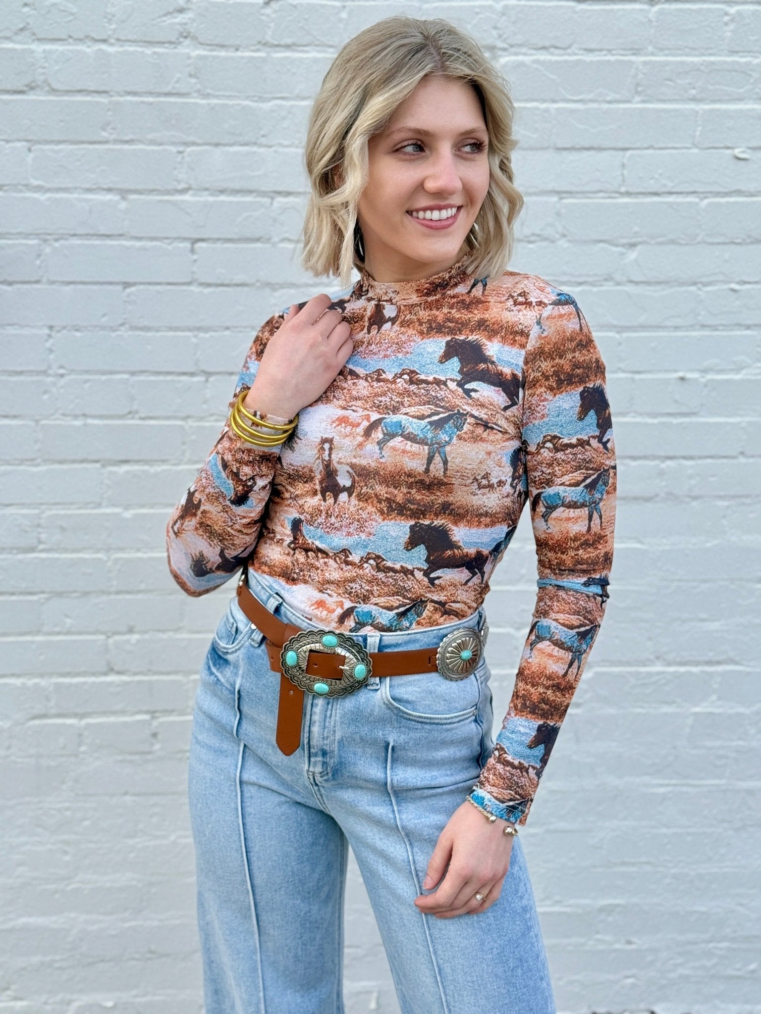 Western Mesh Mock Neck Top In Brown Multi - Infinity Raine