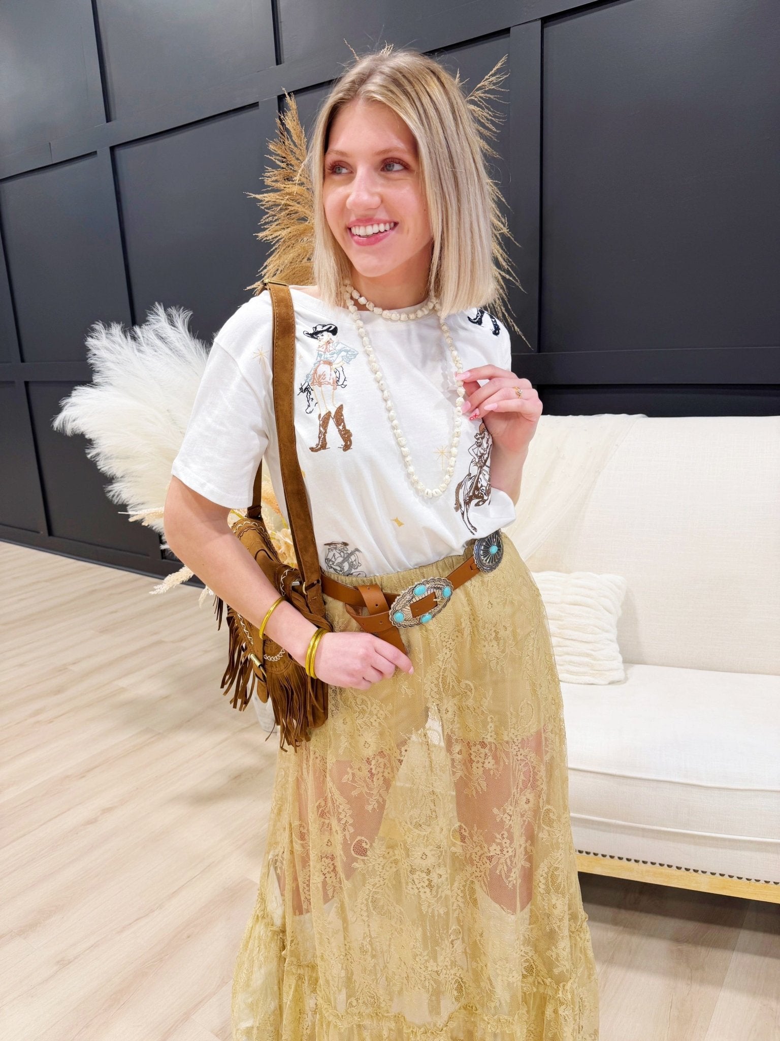 Western Motif Embroidered Graphic T Shirt In Off White - Infinity Raine