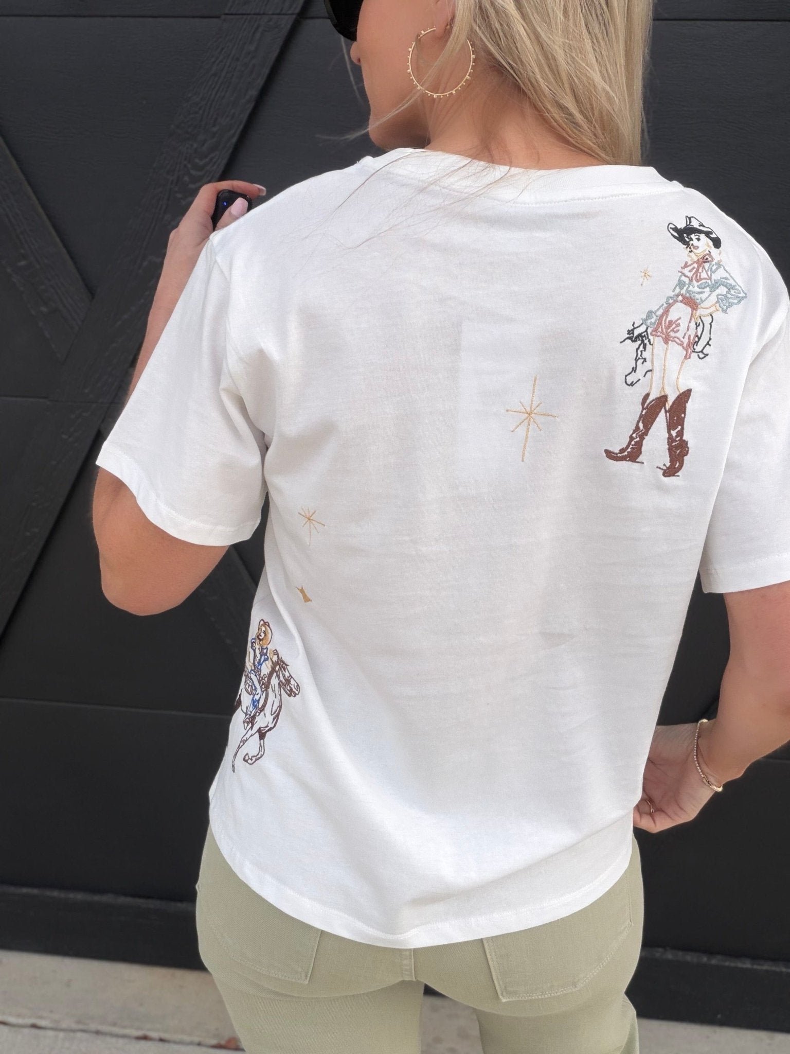 Western Motif Embroidered Graphic T Shirt In Off White - Infinity Raine
