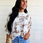 Western Print Short Sleeve Drop Shoulder Knit Top - Infinity Raine