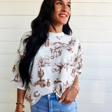 Western Print Short Sleeve Drop Shoulder Knit Top - Infinity Raine