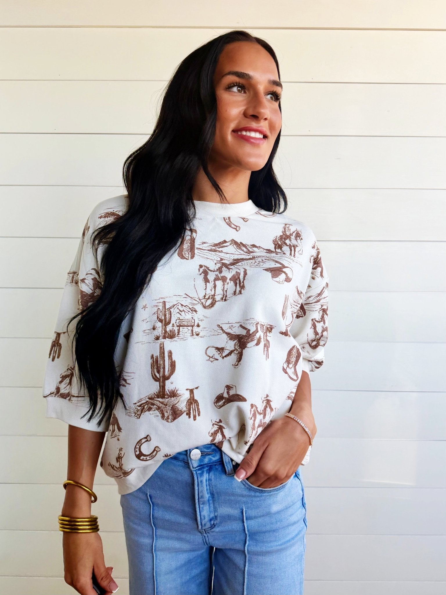Western Print Short Sleeve Drop Shoulder Knit Top - Infinity Raine