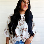 Western Print Short Sleeve Drop Shoulder Knit Top - Infinity Raine
