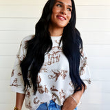 Western Print Short Sleeve Drop Shoulder Knit Top - Infinity Raine