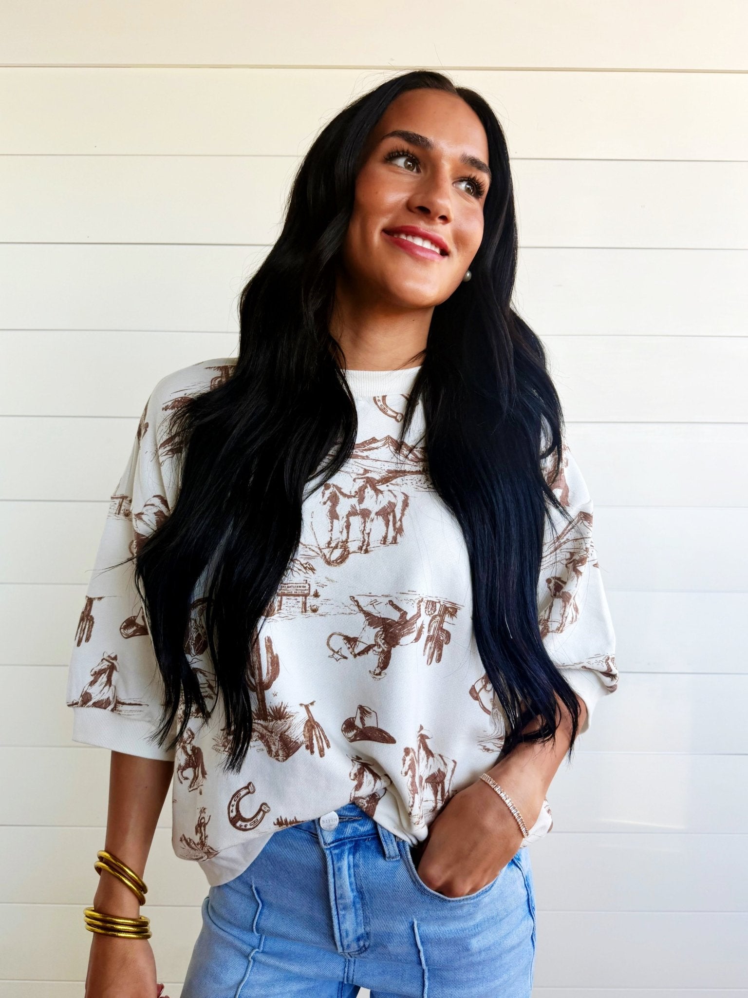 Western Print Short Sleeve Drop Shoulder Knit Top - Infinity Raine