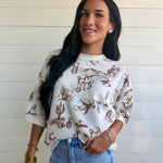 Western Print Short Sleeve Drop Shoulder Knit Top - Infinity Raine