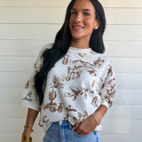 Western Print Short Sleeve Drop Shoulder Knit Top - Infinity Raine
