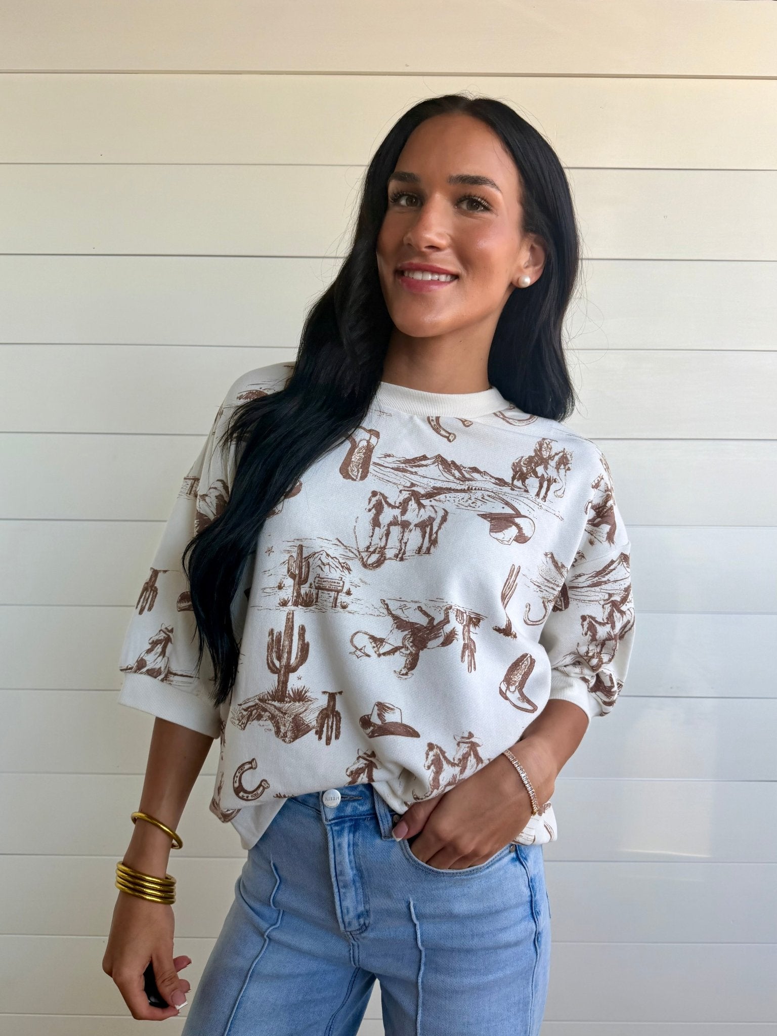 Western Print Short Sleeve Drop Shoulder Knit Top - Infinity Raine