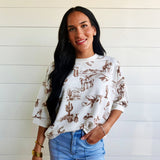 Western Print Short Sleeve Drop Shoulder Knit Top - Infinity Raine