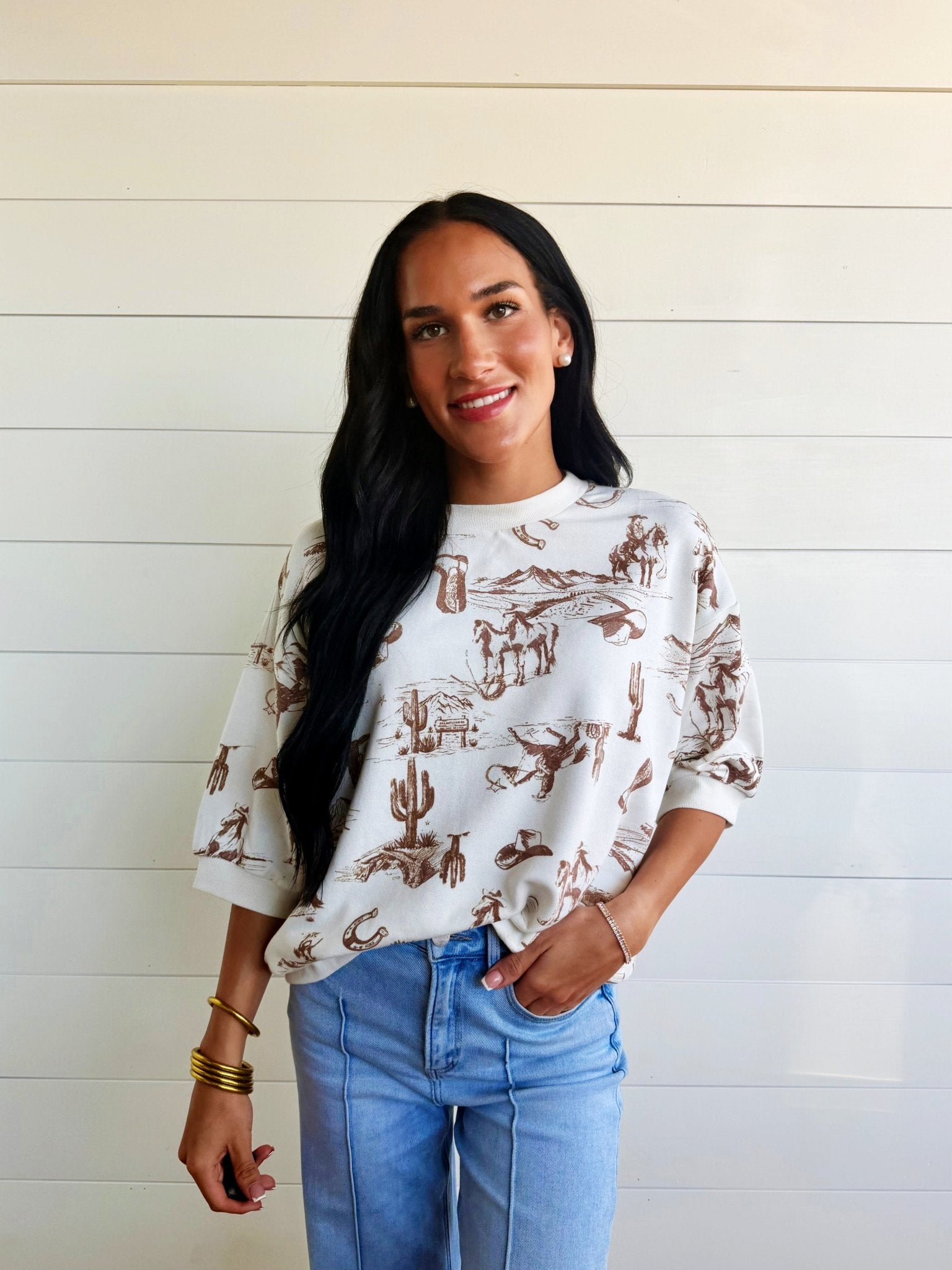 Western Print Short Sleeve Drop Shoulder Knit Top - Infinity Raine