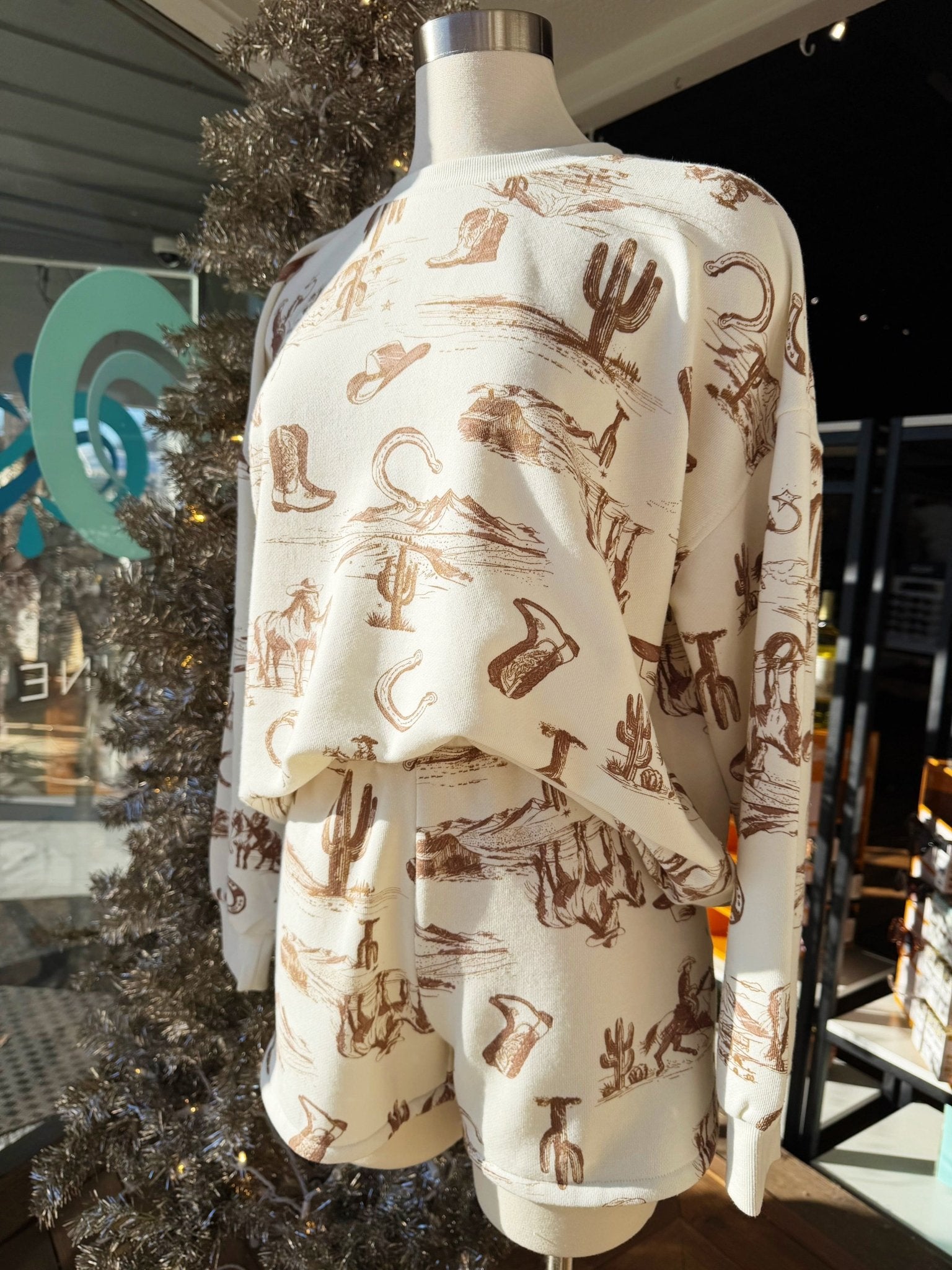 Western Print Sweat Shorts In Cream - Infinity Raine