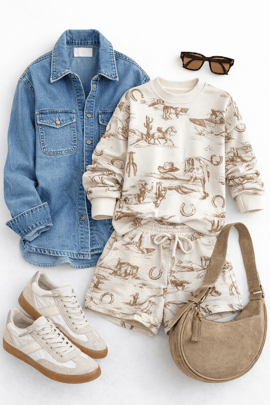 Western Print Sweat Shorts In Cream - Infinity Raine