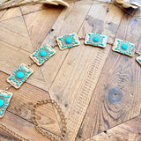 Western Turquoise Studded Rectangle Concho Chain Belt In Gold - Infinity Raine