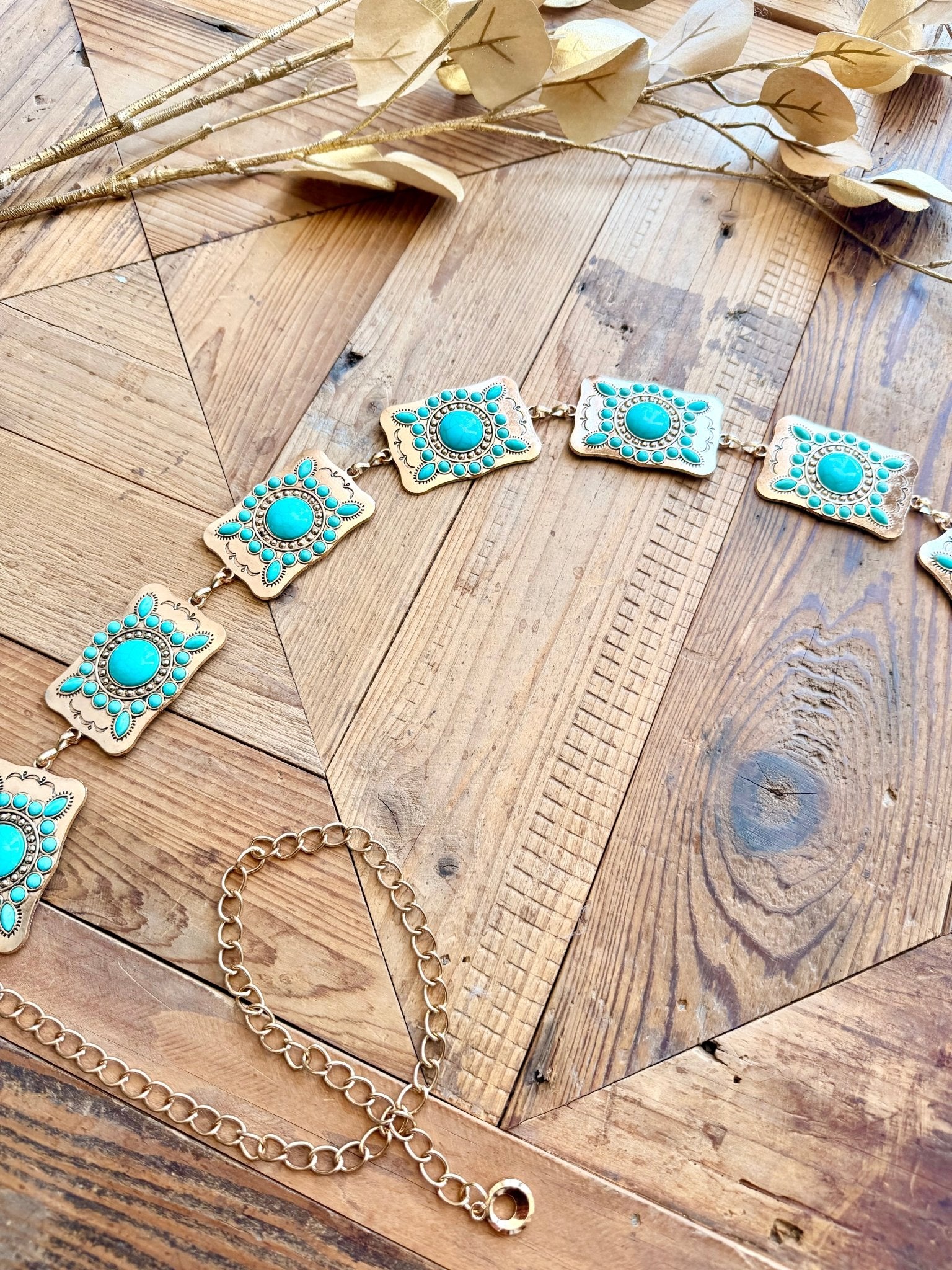 Western Turquoise Studded Rectangle Concho Chain Belt In Gold - Infinity Raine