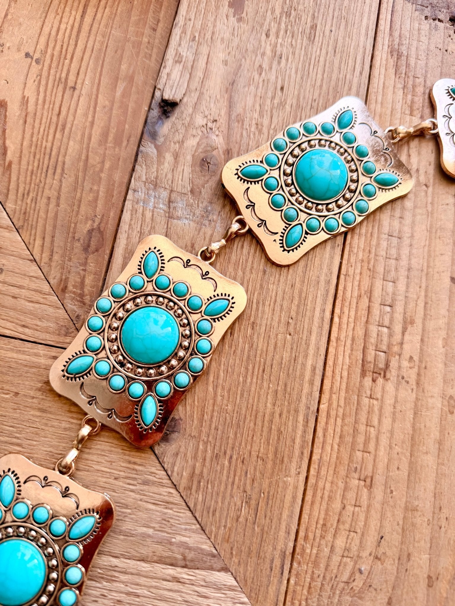 Western Turquoise Studded Rectangle Concho Chain Belt In Gold - Infinity Raine