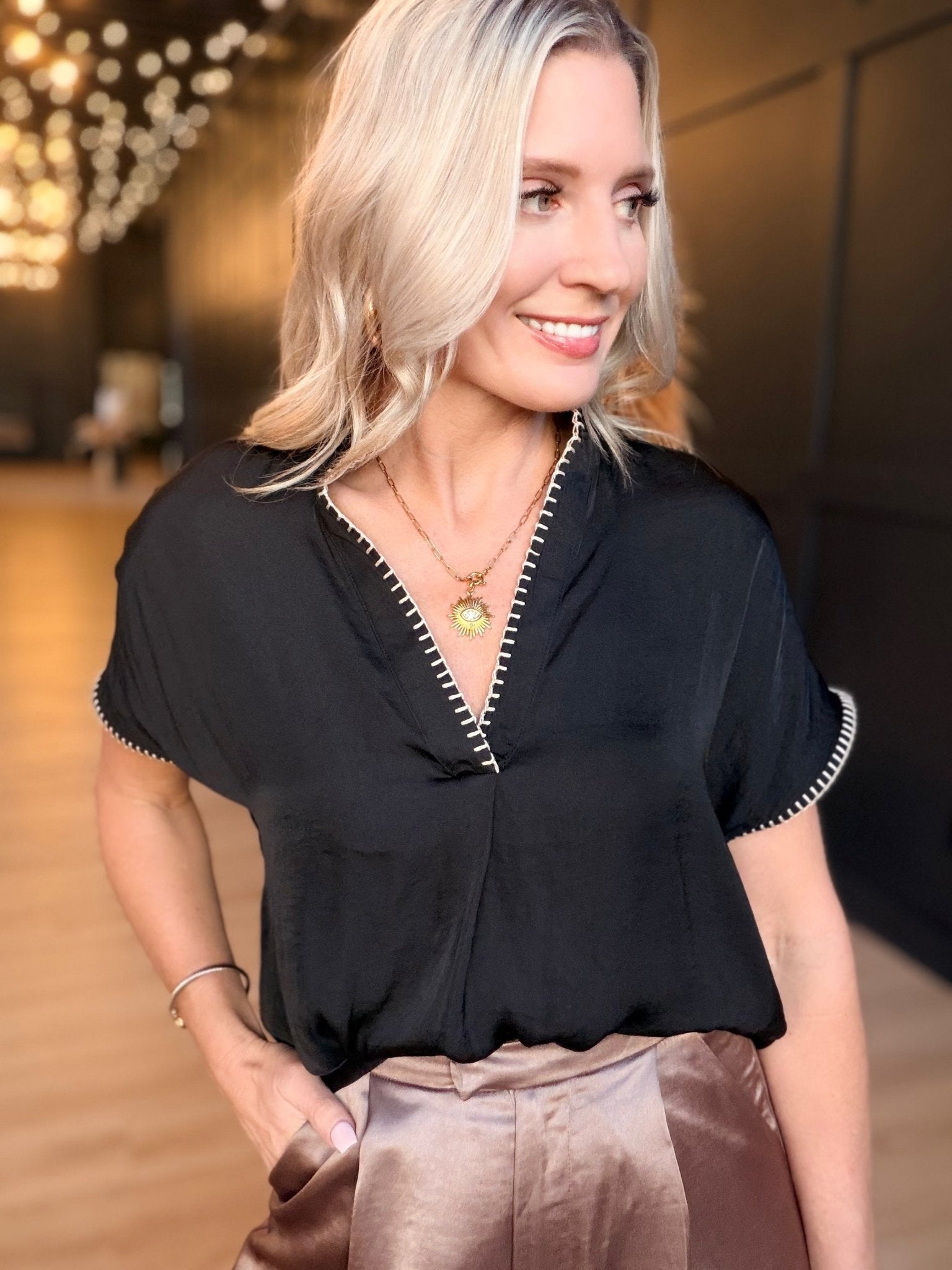 Whipstitch Drop Blouse Shoulder Regular Blouse In Black - Infinity Raine