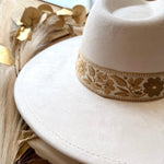 Wide Flat Brim Floral Cowboy Hat In Ivory - Infinity Raine