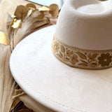 Wide Flat Brim Floral Cowboy Hat In Ivory - Infinity Raine