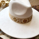 Wide Flat Brim Floral Cowboy Hat In Ivory - Infinity Raine