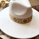 Wide Flat Brim Floral Cowboy Hat In Ivory - Infinity Raine