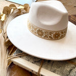 Wide Flat Brim Floral Cowboy Hat In Ivory - Infinity Raine