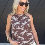 Wild Animal Elastic High Neck Tank Top In Mocha - Infinity Raine