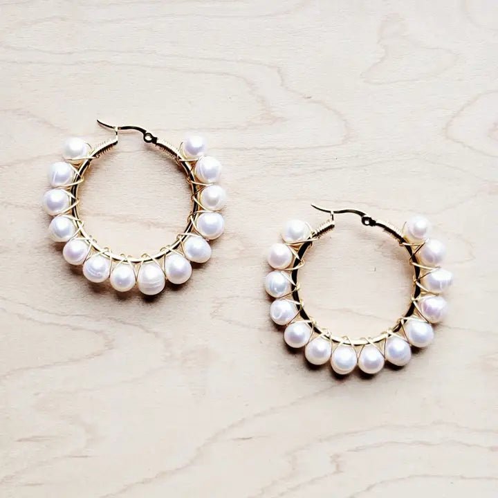 Wire Wrapped Freshwater Pearl Beaded Hoop Earrings - Infinity Raine