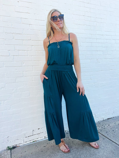 Knit Cami And Tiered Palazzo Pant Set-Teal - Infinity Raine