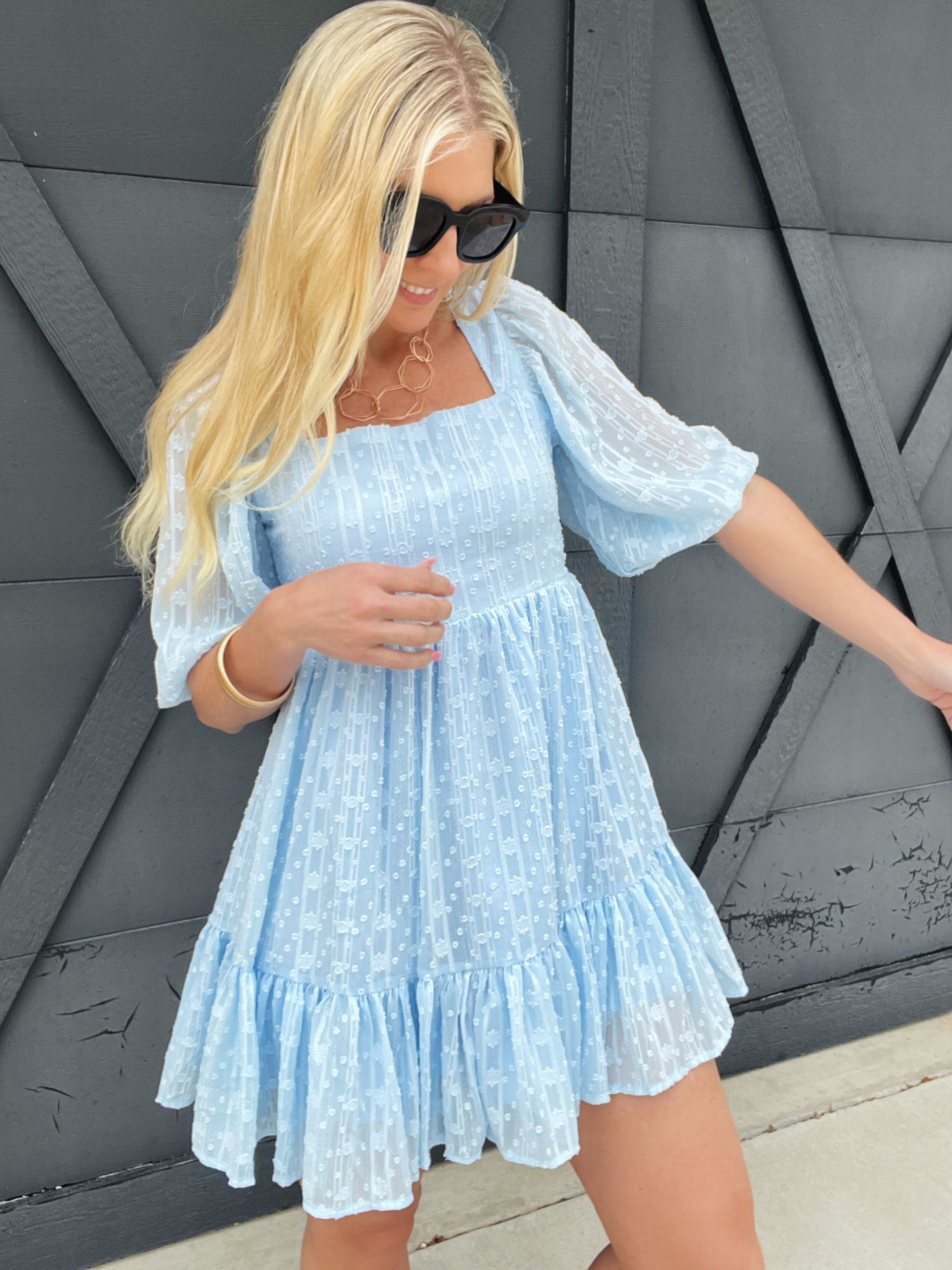 Square Neck Baby Doll Dress In Blue - Infinity Raine