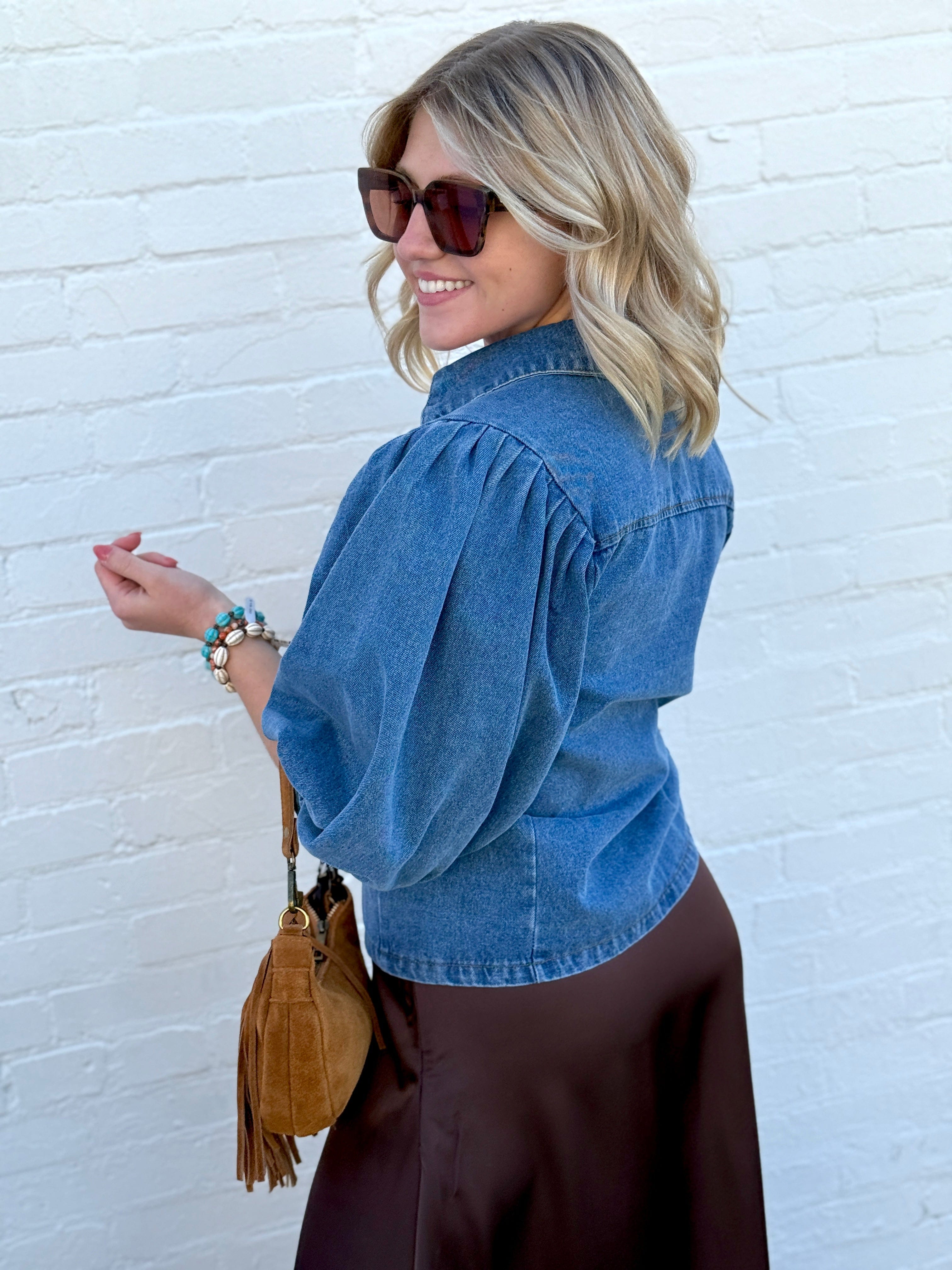 WISTERIA LANE Tops - Blouses Balloon Sleeve Denim Shirt In Medium