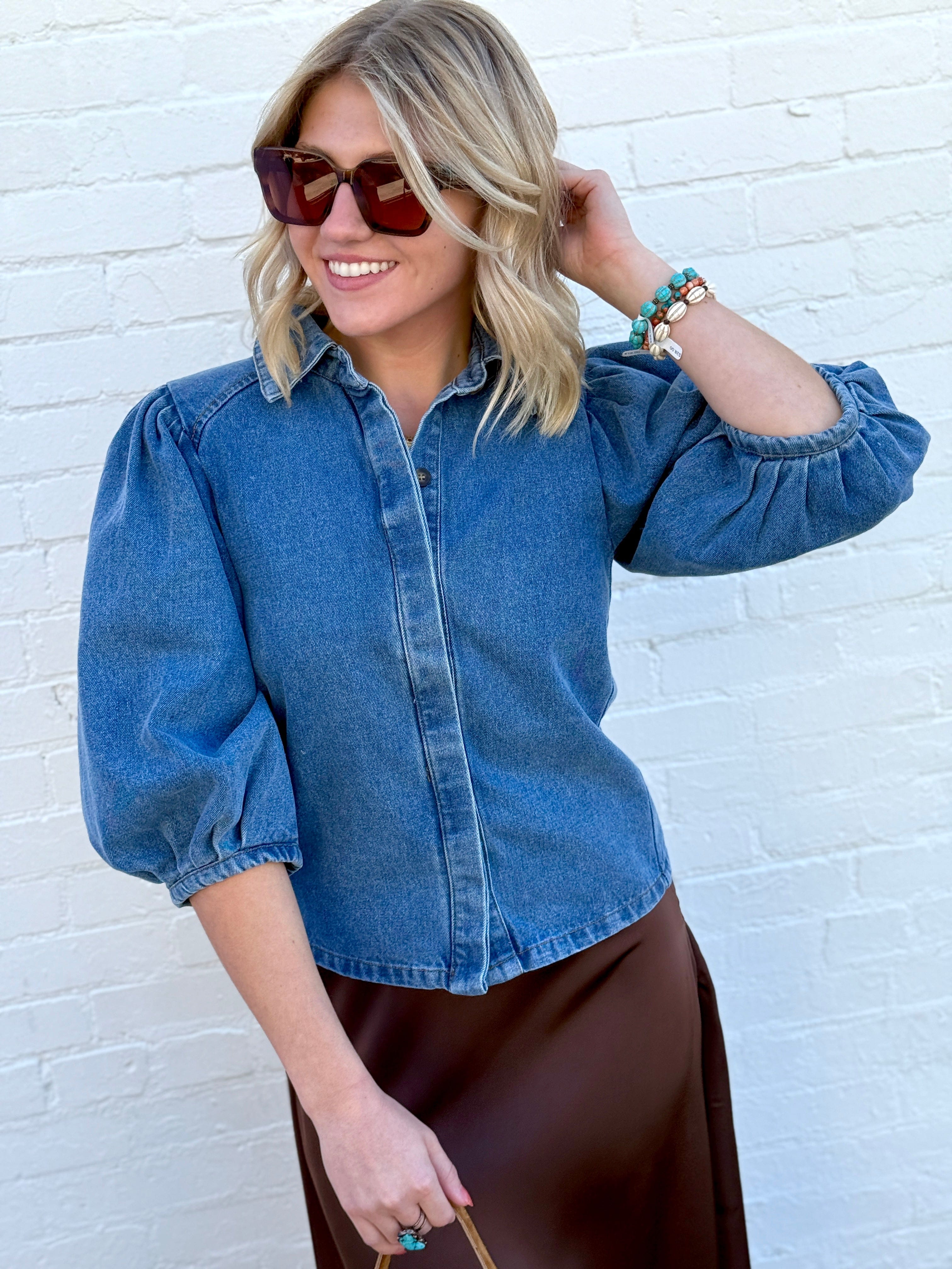 WISTERIA LANE Tops - Blouses Balloon Sleeve Denim Shirt In Medium