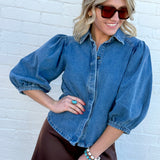 WISTERIA LANE Tops - Blouses Balloon Sleeve Denim Shirt In Medium