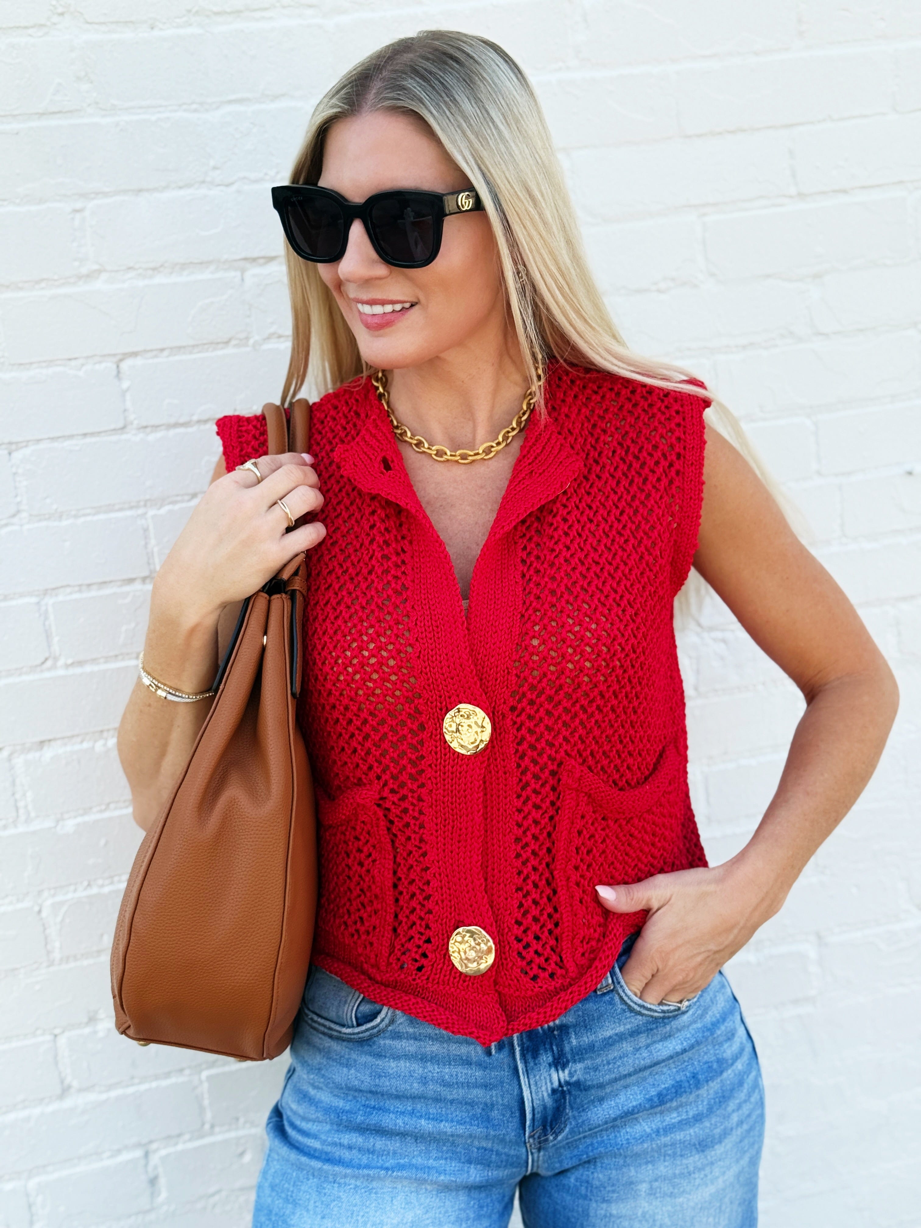 Sleeveless Knitted Sweater Vest In Red - Infinity Raine