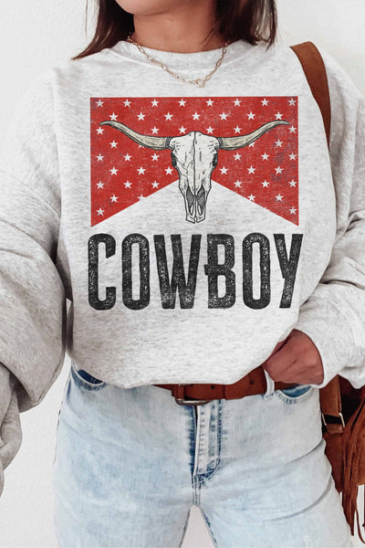 Cowboy Longhorn Graphic Sweatshirt-Ash - Infinity Raine