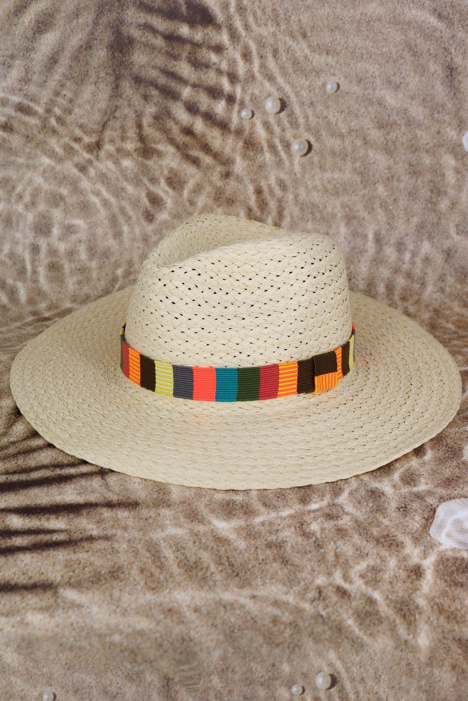 Multi Color Stripe Band Straw Hat In Beige - Infinity Raine