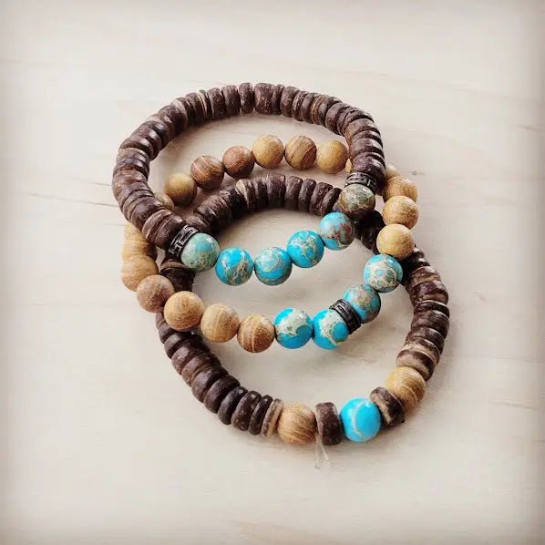 Wood and Imperial Jasper Stretch Bracelet Trio - Infinity Raine