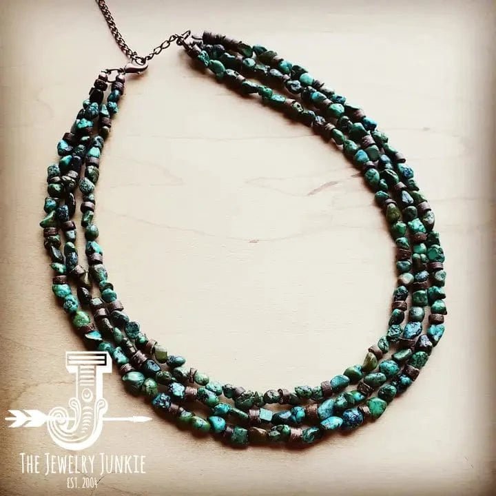 Wood And Natural Turquoise Triple Strand Necklace - Infinity Raine